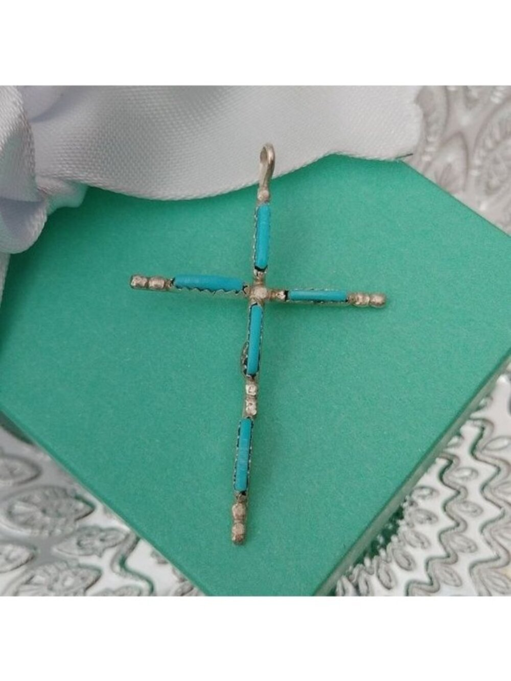 Zuni Artisan Petit Point Fine Turquoise Cross Pendant